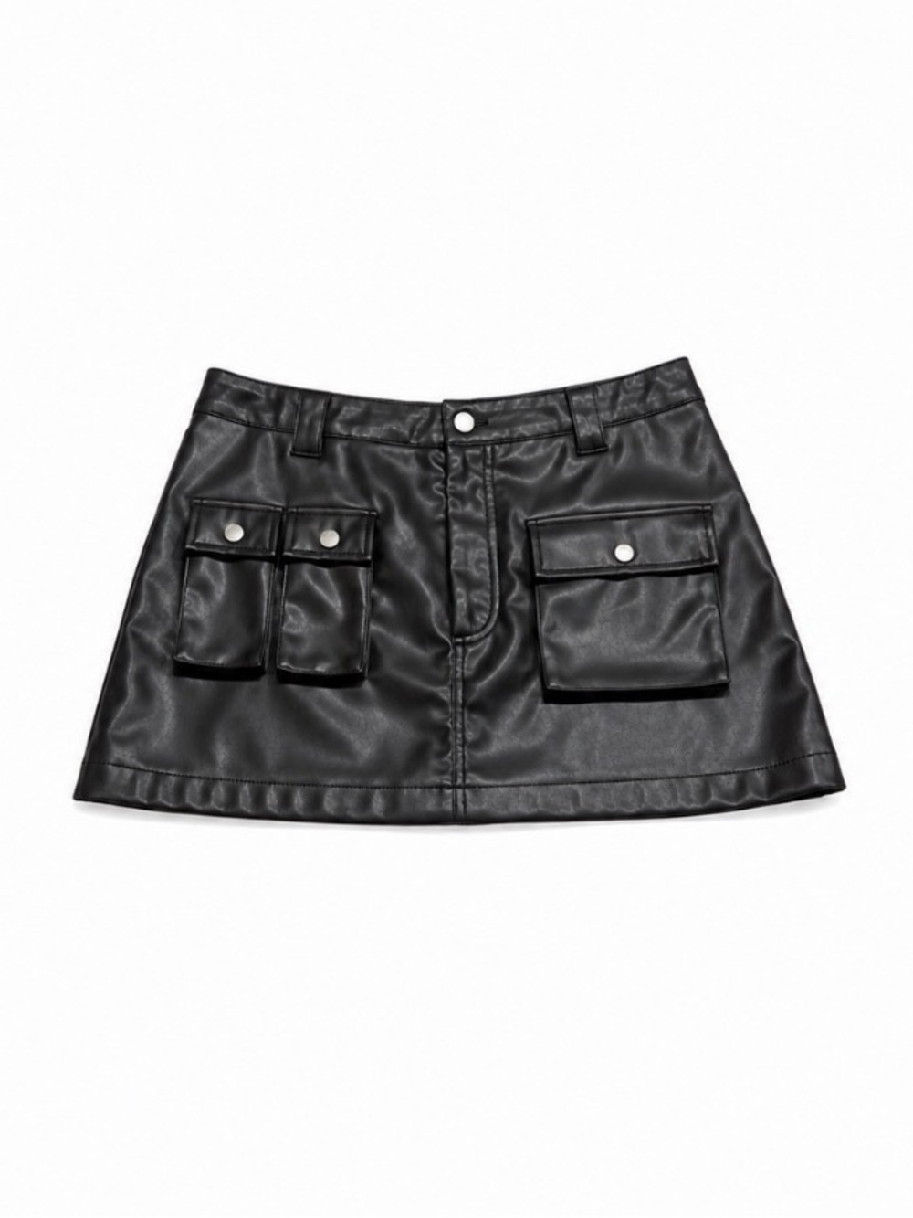 Black Faux Leather Mini Skirt with Front Flap Pockets